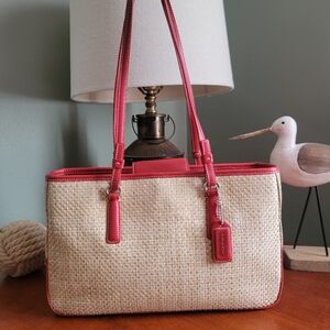 Coach 8158 Cabana Woven Straw Red Leather Tote Bag Purse Vintage